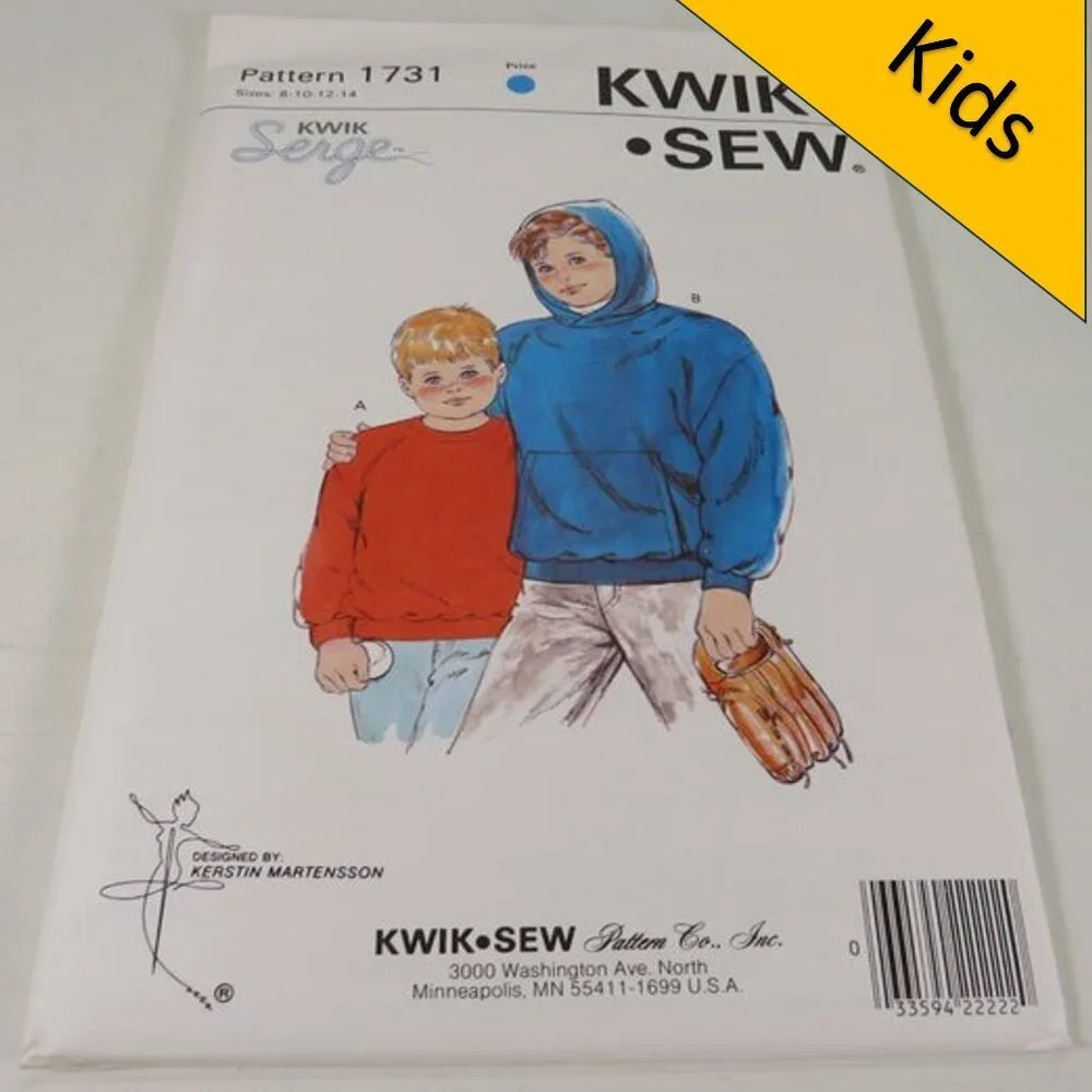 Kwik Sew 1731 clothing pattern Kids Sweatshirt Jacket w sleeves w Hood UNCUT